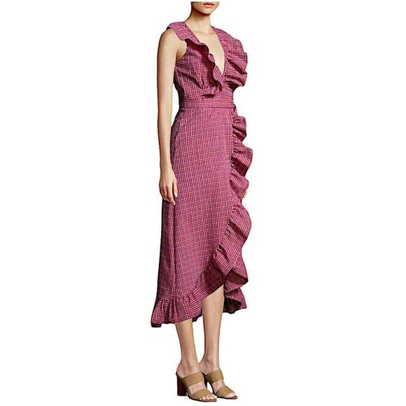 MISA Los Angeles Stella Gingham-Print Draped Ruffle Midi Wrap Dress Pink - Picture 5 of 16